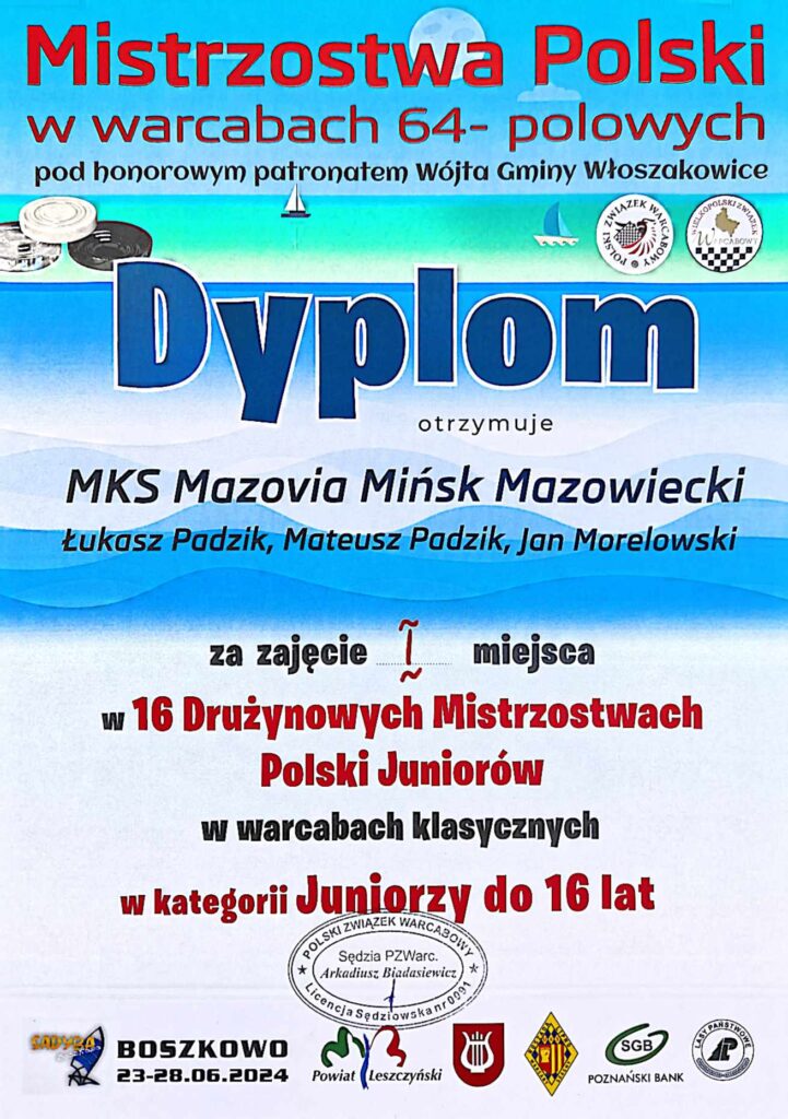 Złoto Mistrzostw Polski Juniorów w warcabach 64-polowych! 1 dyplom