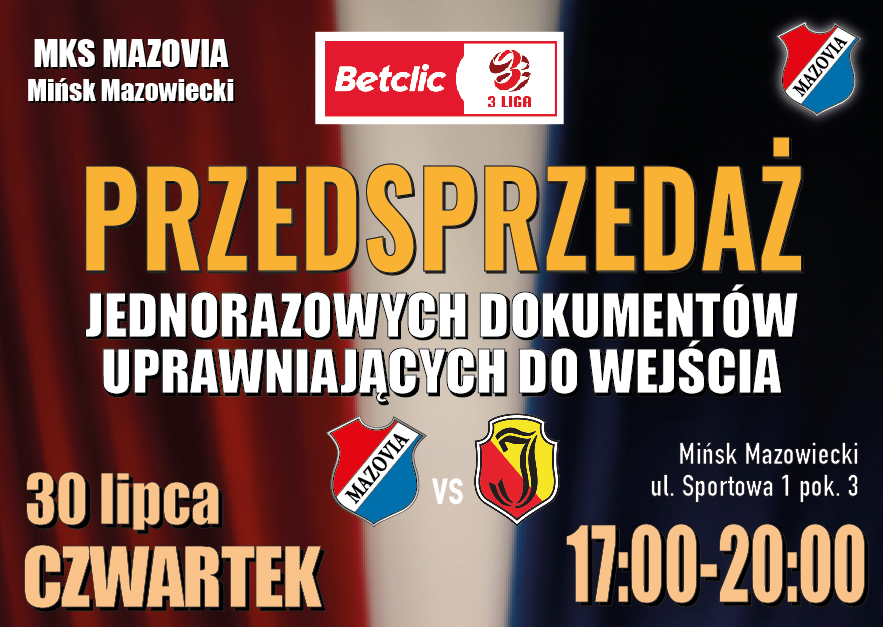 Przedsprzedaż dokumentów uprawniających do wejścia na mecz MKS Mazovia – Jagiellonia II Białystok